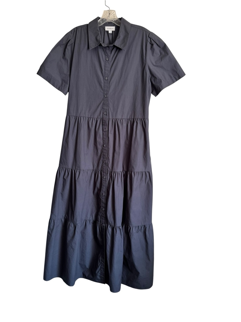 Evereve Evelyn Grey Short Sleeve Tiered Ruffle Button Front Shirt Dress Pockets